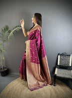 Joban Fashion Magenta Zari Weaving Motif Lichi Silk Banarasi Silk Saree - Distacart