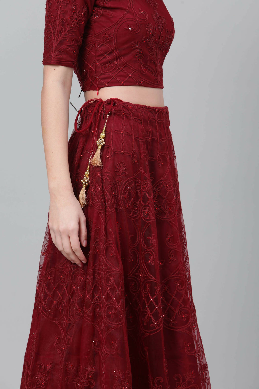 Maroon Net Thread embroidery with stone work Lehenga Choli with Dupatta - Jivika