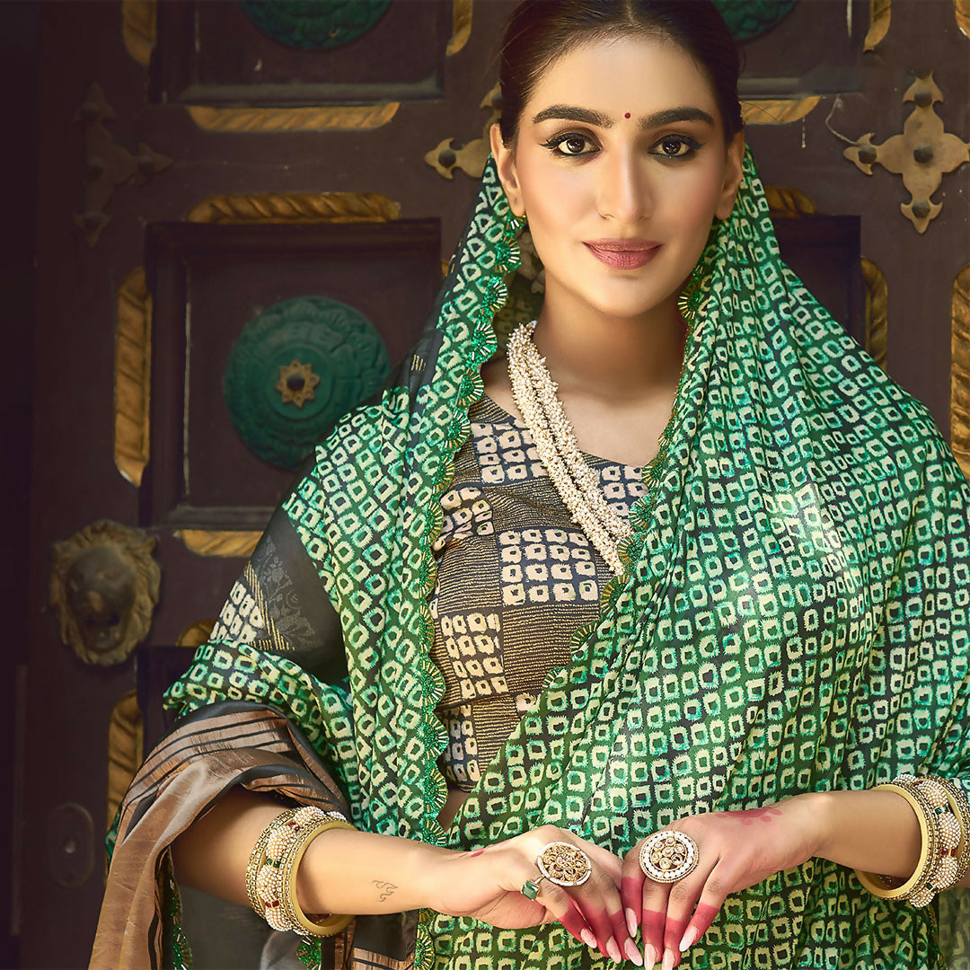 Green Gajji Silk Pure Handwork Saree With Unstitched Blouse - Norita Gajri