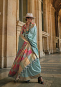 Sky Bluesoft Handloom Sik Zari & Thread Work, Contrast Pallu Saree - Rajtex Kube Silk