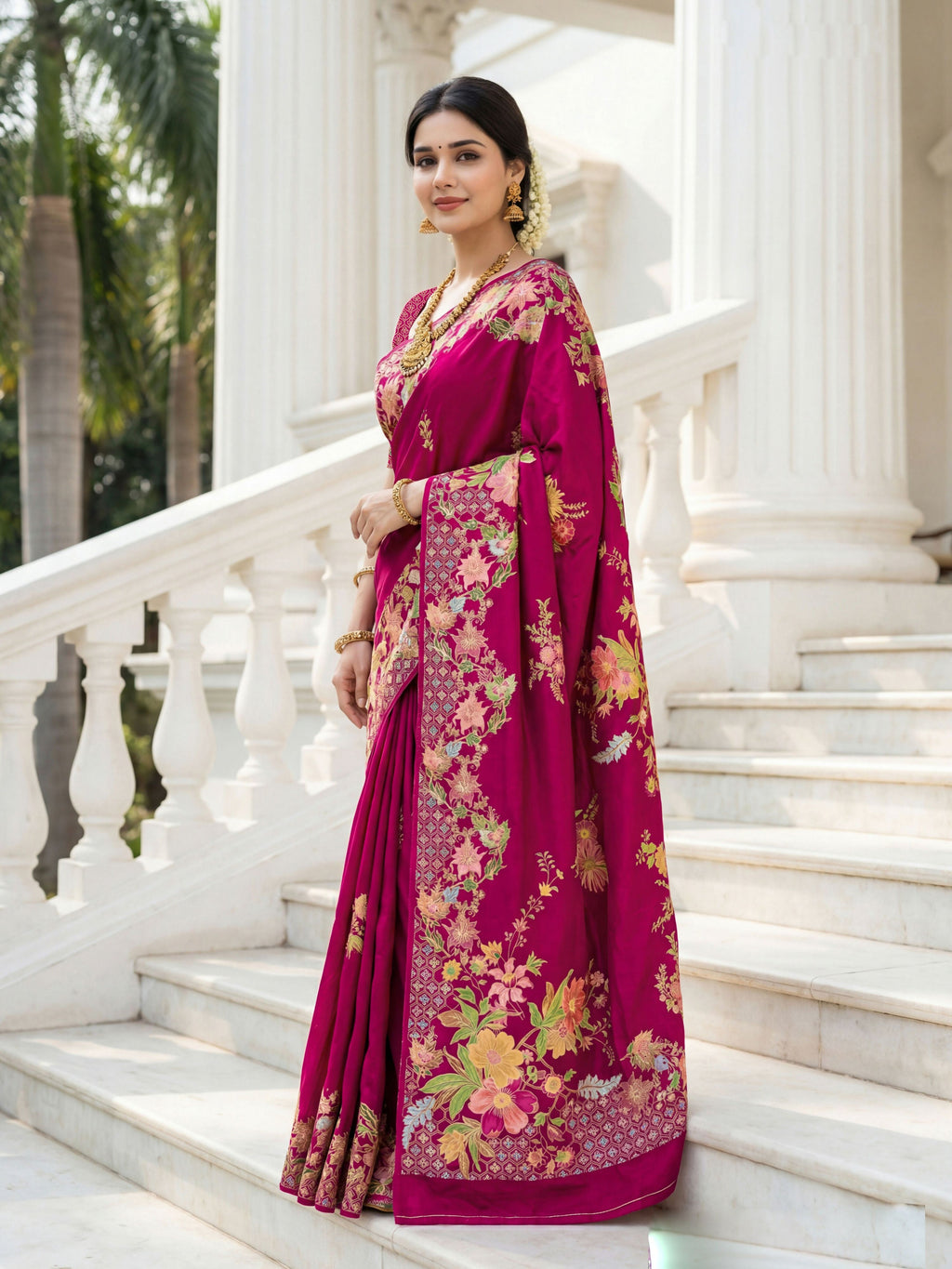 Aastha Fashion Rani Pink Premium Russian Silk Designer Floral Position Print Saree - Distacart