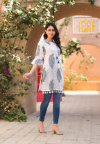 Juniper Azure White Breeze Cotton Tassel Kurta - Distacart