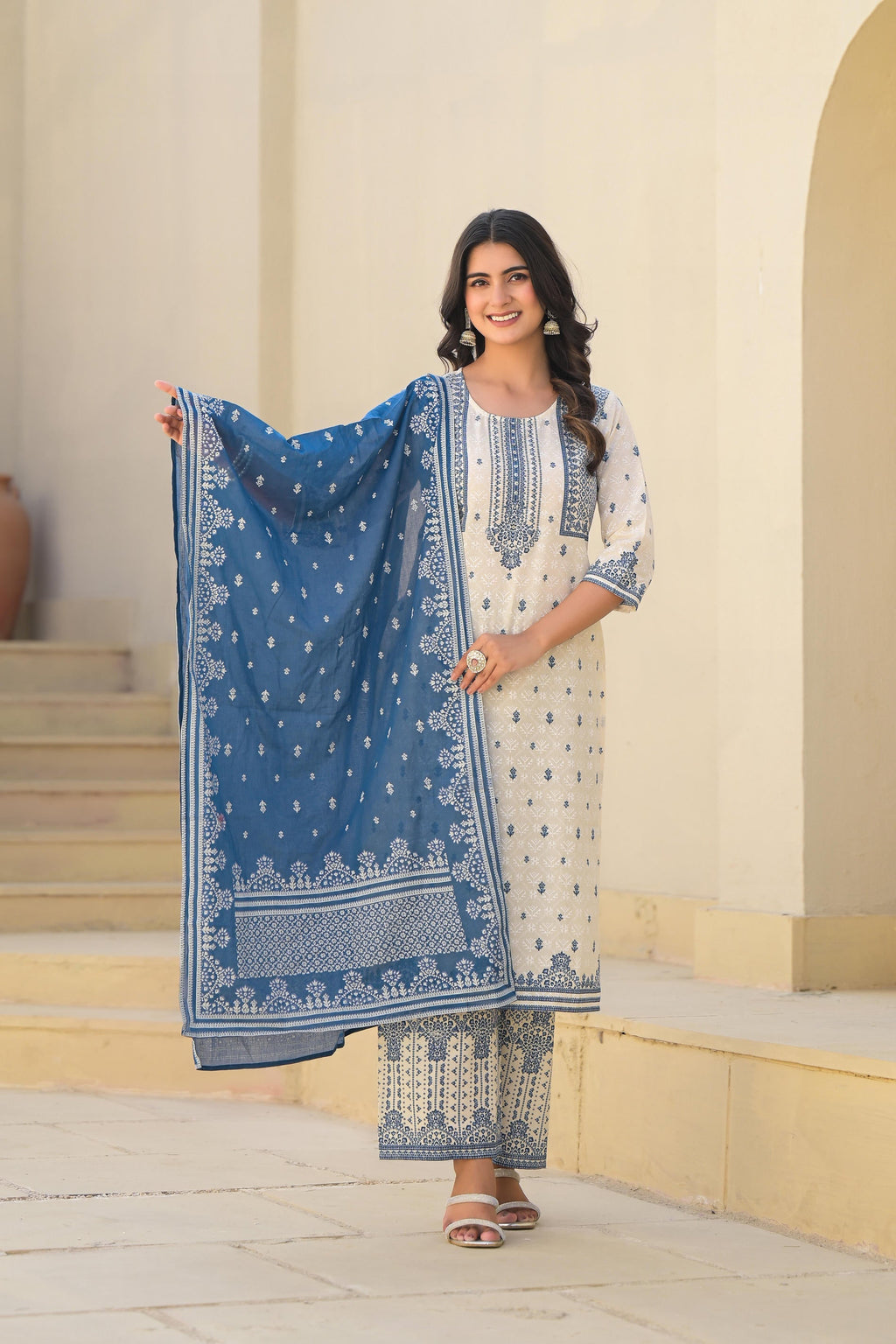Juniper Ivory & Indigo Serenity Block Print Cotton Suit Set - Distacart