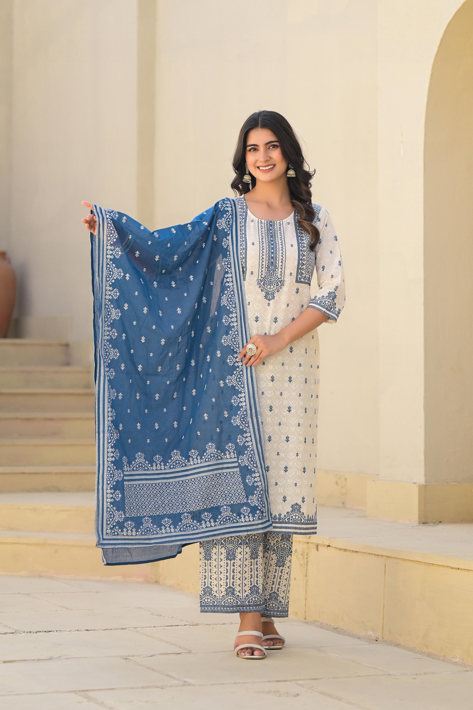 Juniper Ivory & Indigo Serenity Block Print Cotton Suit Set - Distacart