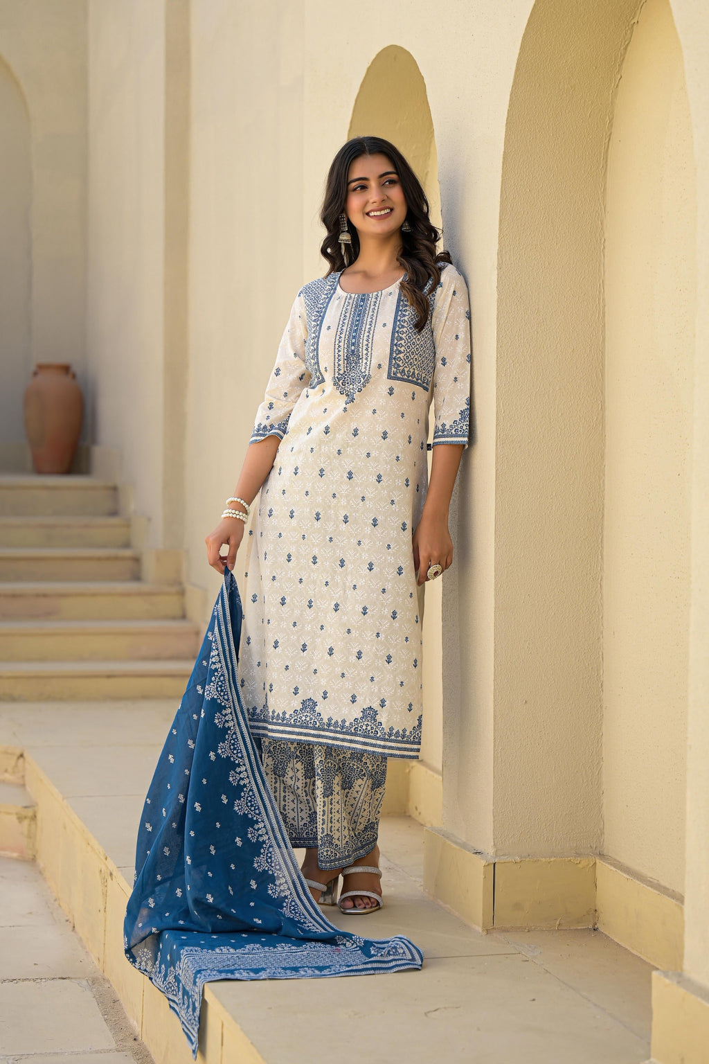 Juniper Ivory & Indigo Serenity Block Print Cotton Suit Set - Distacart