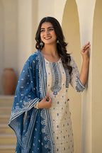 Juniper Ivory & Indigo Serenity Block Print Cotton Suit Set - Distacart