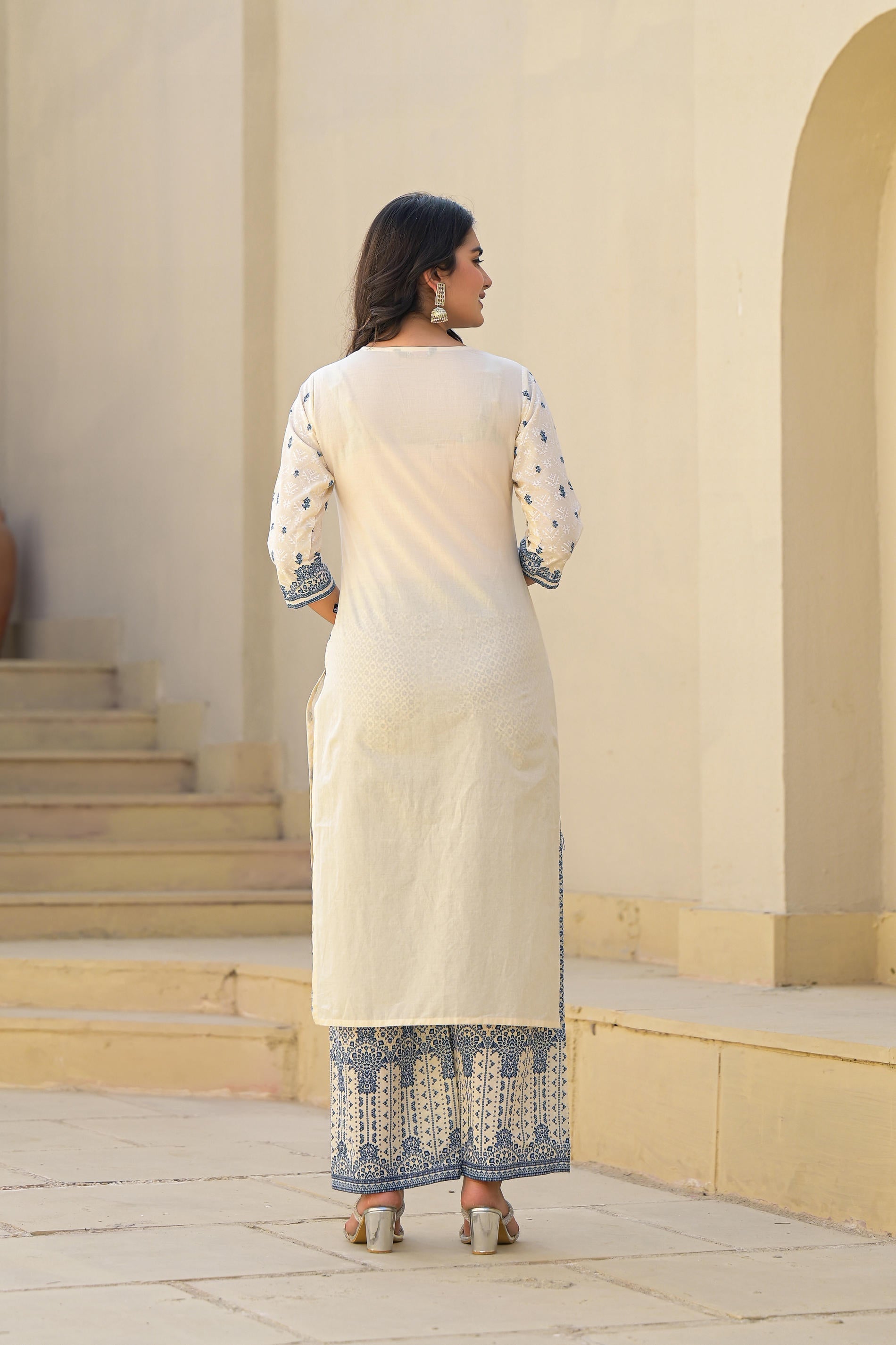 Juniper Ivory & Indigo Serenity Block Print Cotton Suit Set - Distacart