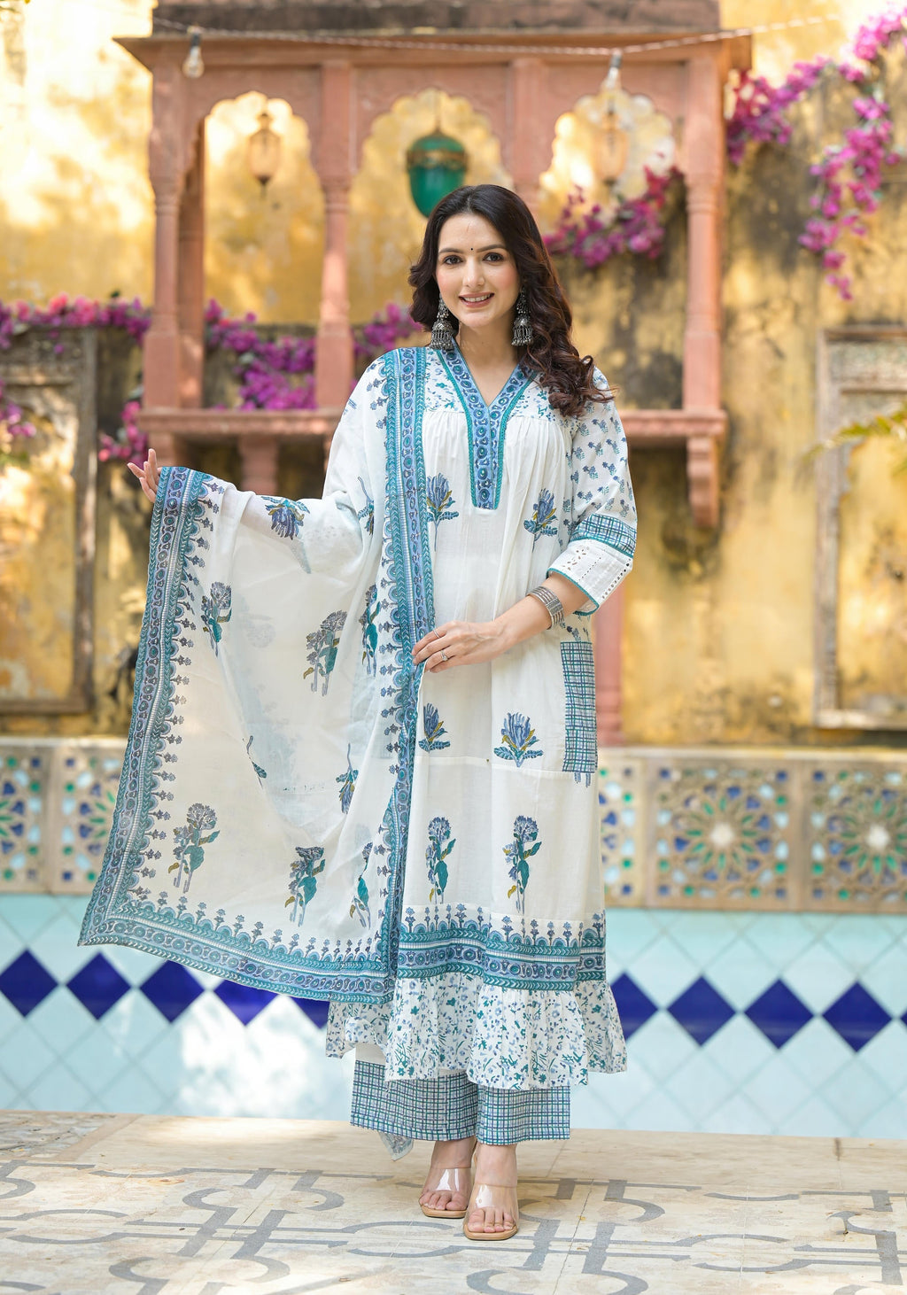 Juniper White Floral Printed Cotton A-Line Kurta Pant And Dupatta Set - Distacart