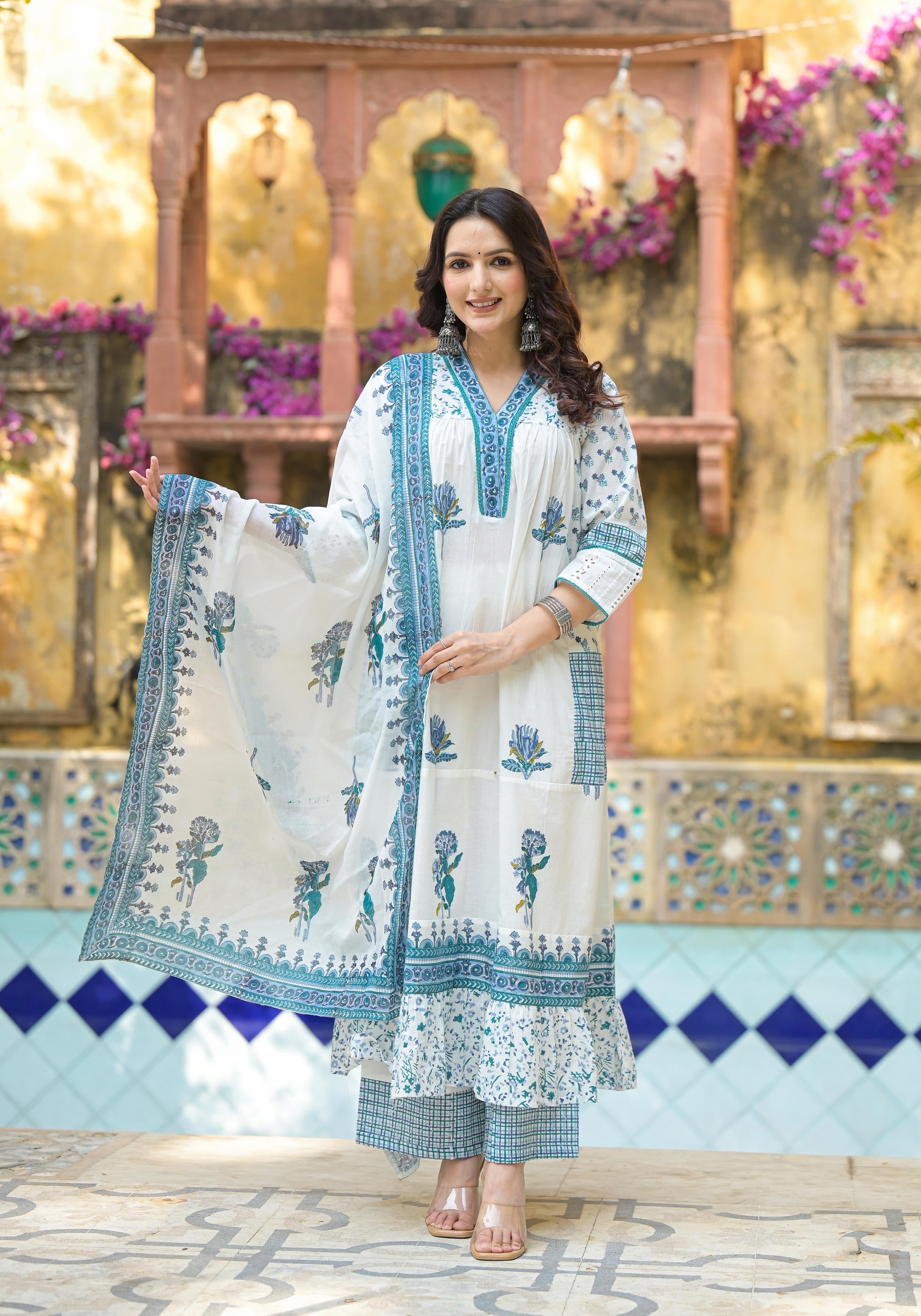 Juniper White Floral Printed Cotton A-Line Kurta Pant And Dupatta Set - Distacart