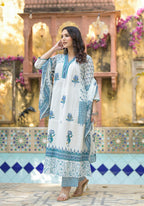 Juniper White Floral Printed Cotton A-Line Kurta Pant And Dupatta Set - Distacart