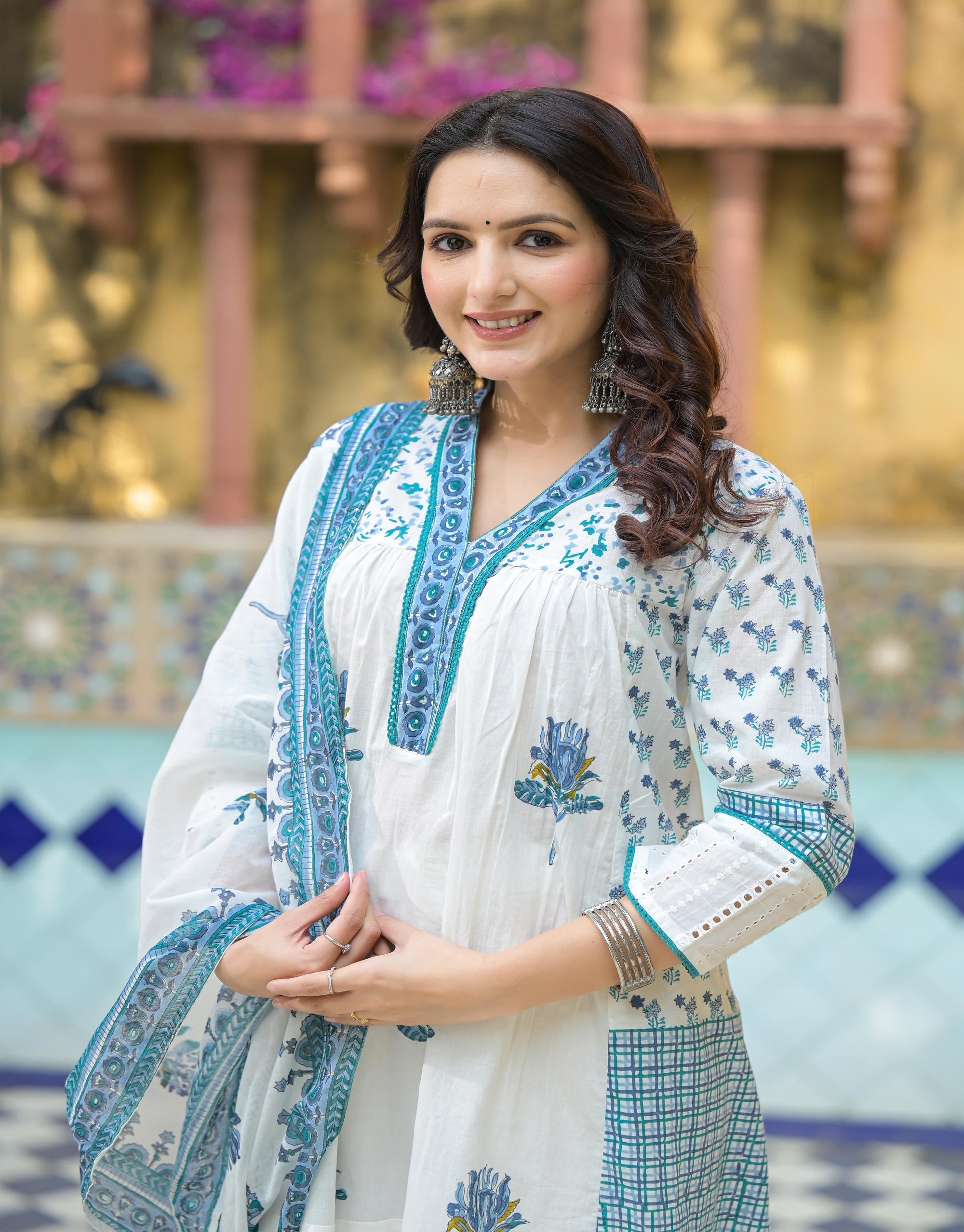 Juniper White Floral Printed Cotton A-Line Kurta Pant And Dupatta Set - Distacart