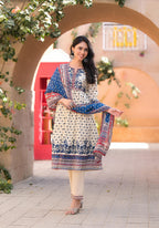 Juniper Ivory Floral Printed Chanderi Kurta Pant And Dupatta Set With Sequins - Distacart