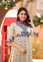 Juniper Ivory Floral Printed Chanderi Kurta Pant And Dupatta Set With Sequins - Distacart