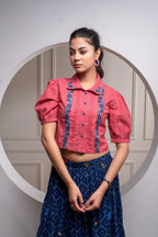 Juniper Indigo Cotton Embroidered Top & Printed Skirt Set With Zig Zag Motifs
