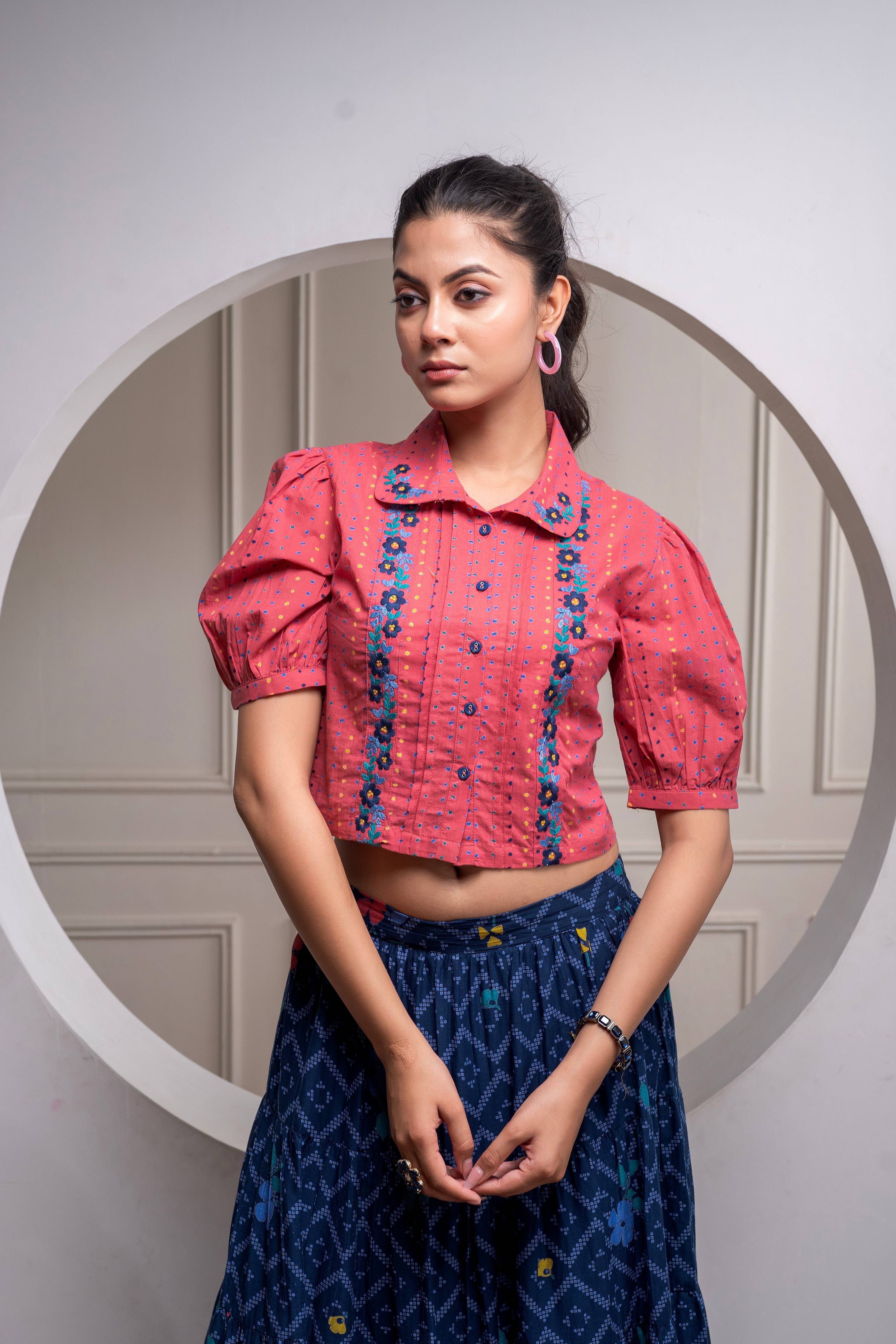 Juniper Indigo Cotton Embroidered Top & Printed Skirt Set With Zig Zag Motifs