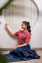 Juniper Indigo Cotton Embroidered Top & Printed Skirt Set With Zig Zag Motifs