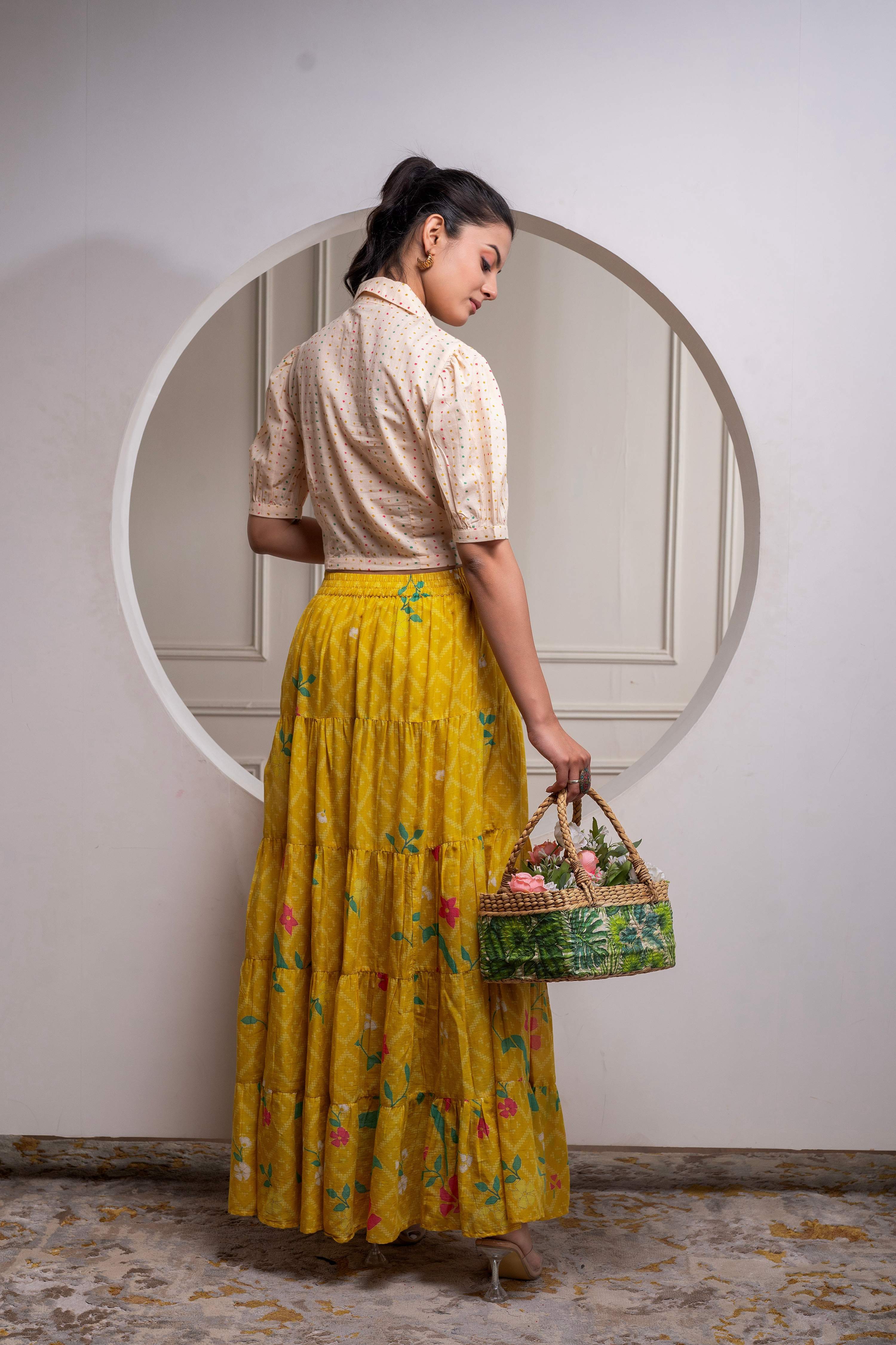 Juniper Mustard Cotton Embroidered Top & Printed Skirt Set With Zig Zag Motifs