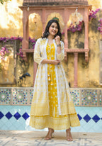 Juniper Mustard Ethnic Motif Printed Cotton Kurta & Shrug With Doris - Distacart