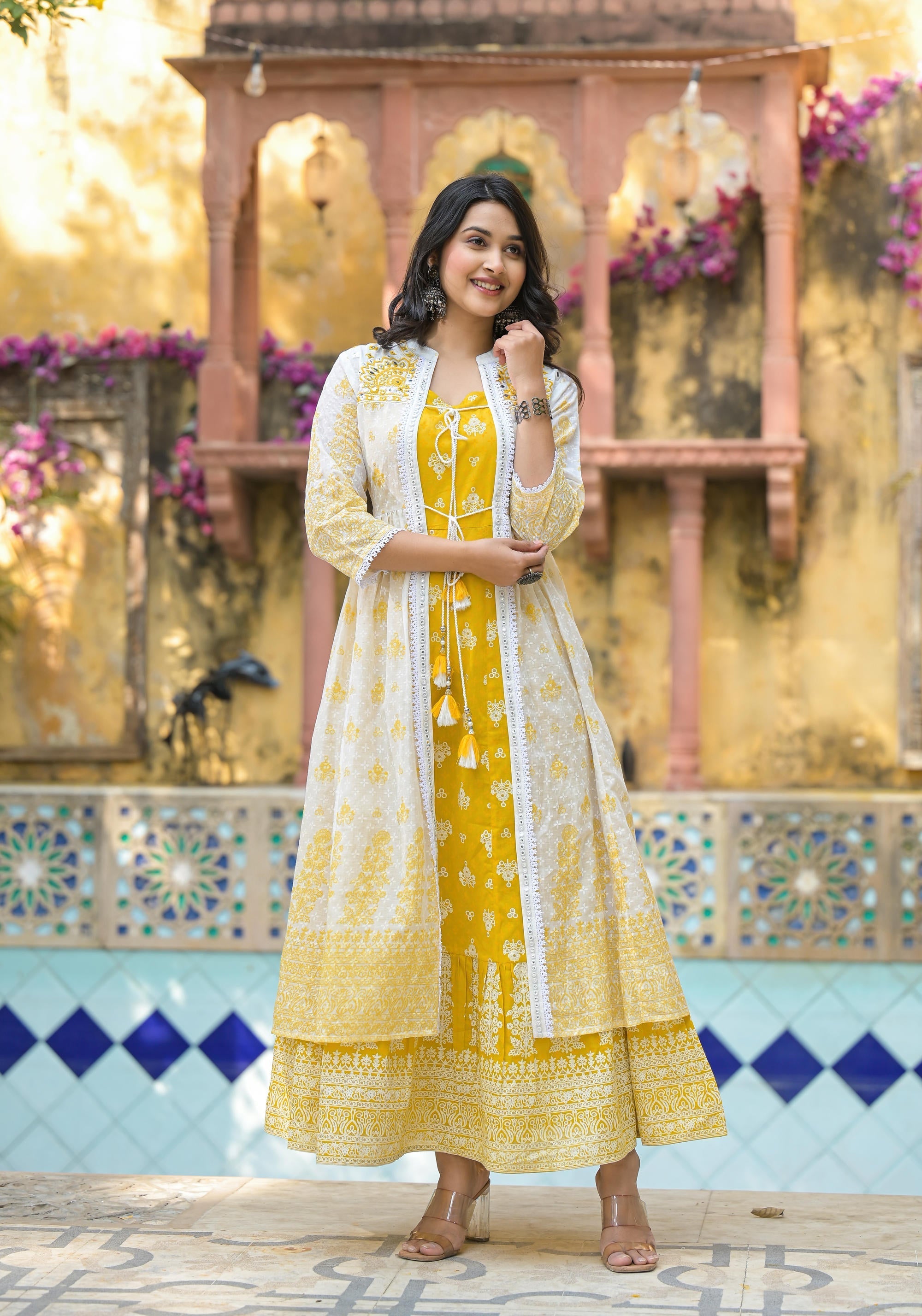 Juniper Mustard Ethnic Motif Printed Cotton Kurta & Shrug With Doris - Distacart