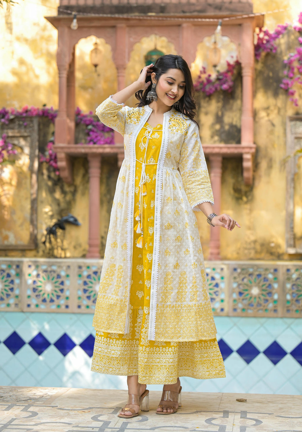 Juniper Mustard Ethnic Motif Printed Cotton Kurta & Shrug With Doris - Distacart