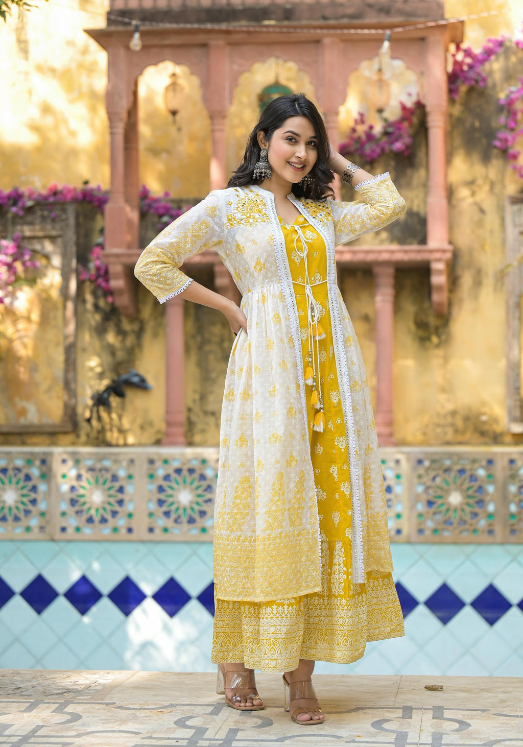 Juniper Women's Mustard Ethnic Motif Printed Cotton Kurta & Shrug With Doris - Distacart