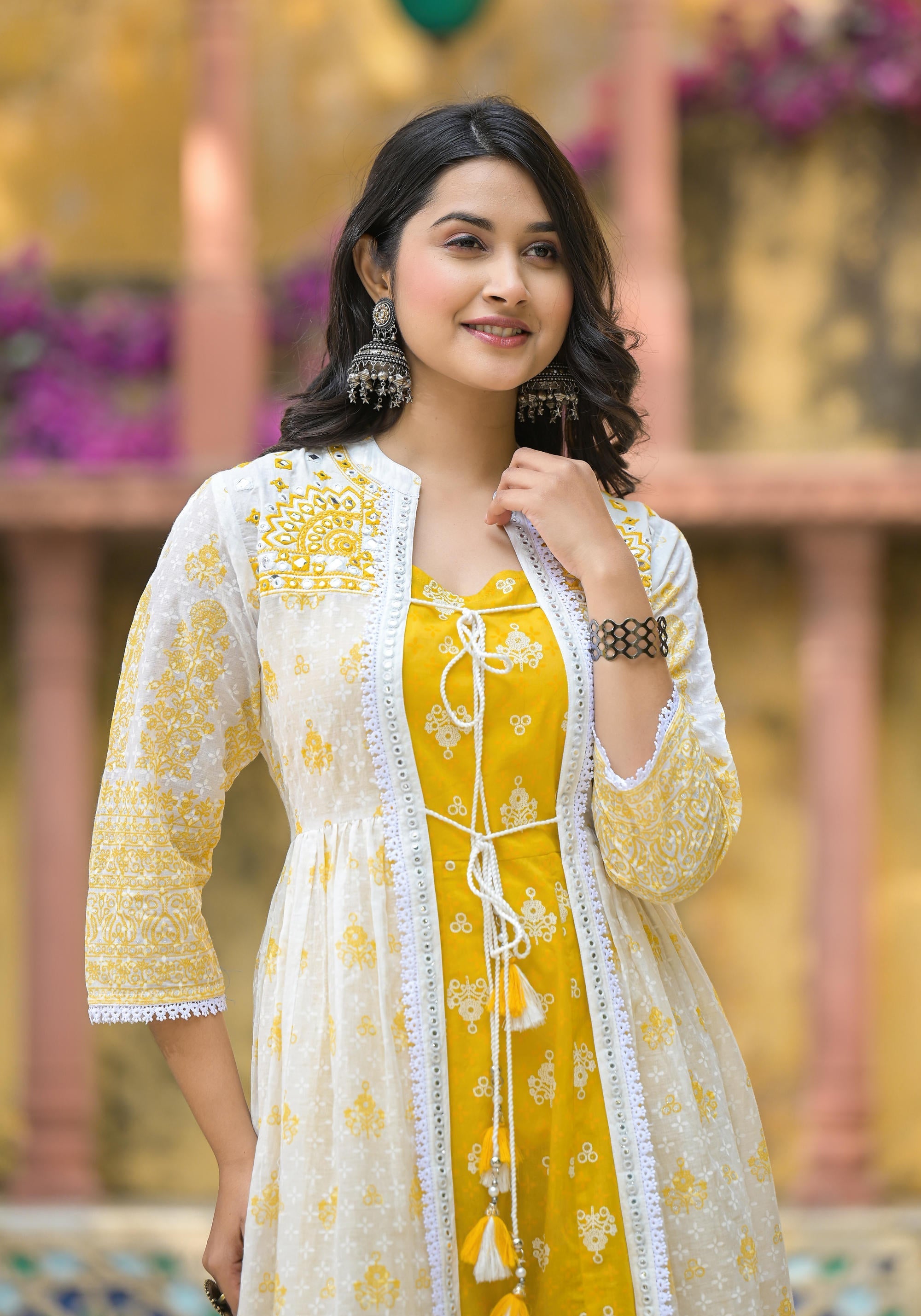 Juniper Women's Mustard Ethnic Motif Printed Cotton Kurta & Shrug With Doris - Distacart
