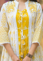 Juniper Women's Mustard Ethnic Motif Printed Cotton Kurta & Shrug With Doris - Distacart