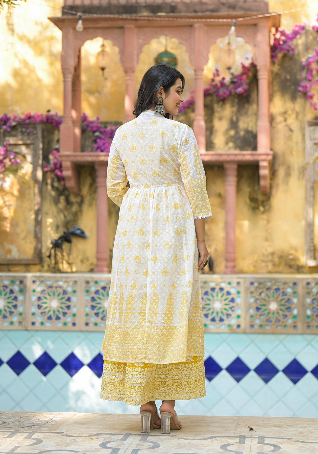 Juniper Mustard Ethnic Motif Printed Cotton Kurta & Shrug With Doris - Distacart