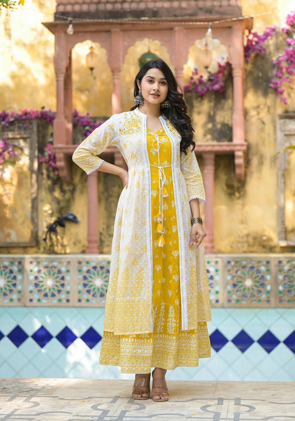 Juniper Women's Mustard Ethnic Motif Printed Cotton Kurta & Shrug With Doris - Distacart