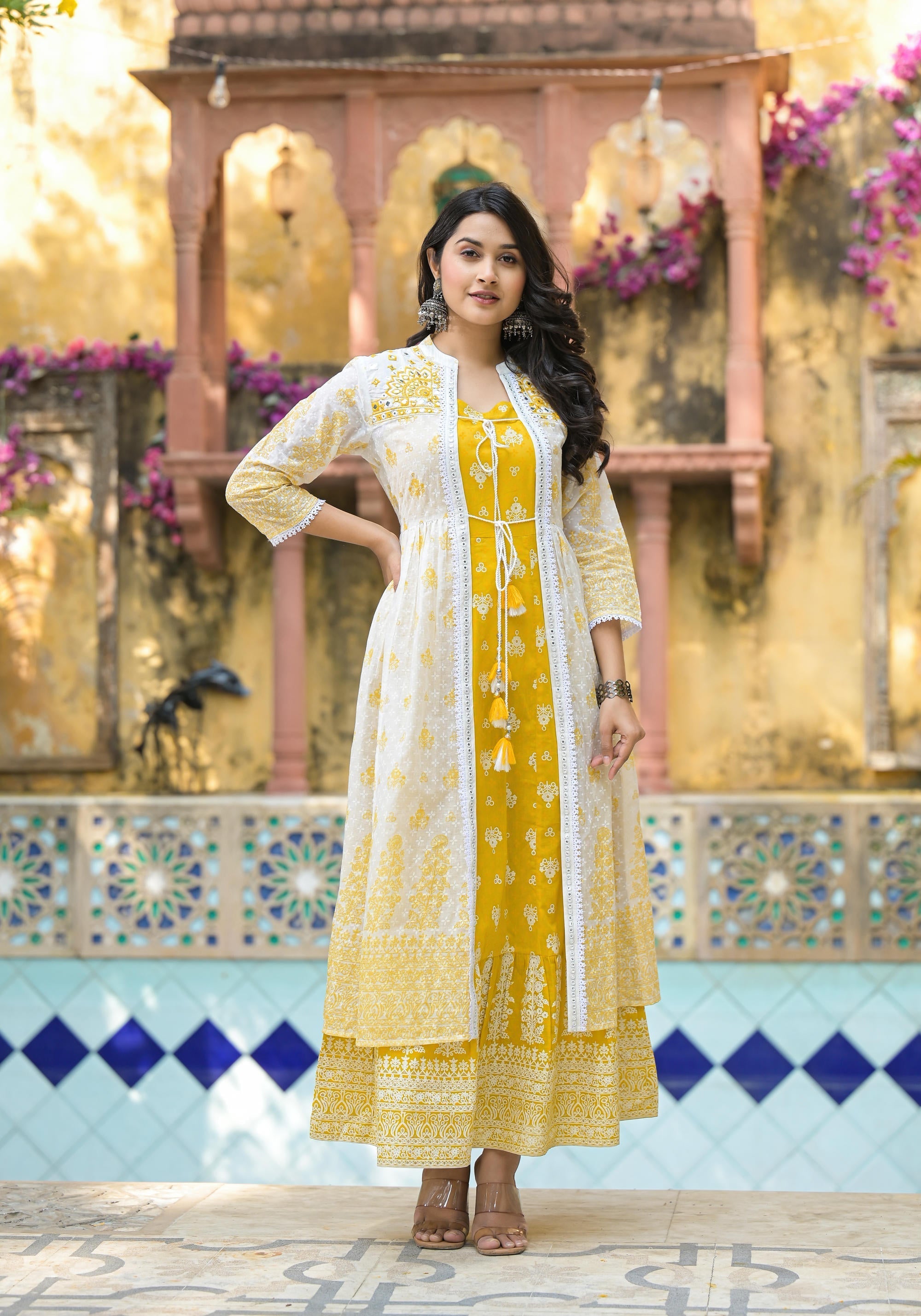 Juniper Women's Mustard Ethnic Motif Printed Cotton Kurta & Shrug With Doris - Distacart
