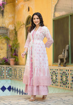 Juniper Women's Pink Ethnic Motif Printed Cotton Kurta & Shrug With Doris - Distacart