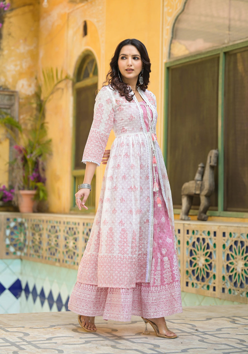 Juniper Pink Ethnic Motif Printed Cotton Kurta & Shrug With Doris - Distacart