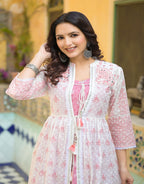 Juniper Women's Pink Ethnic Motif Printed Cotton Kurta & Shrug With Doris - Distacart