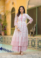 Juniper Women's Pink Ethnic Motif Printed Cotton Kurta & Shrug With Doris - Distacart