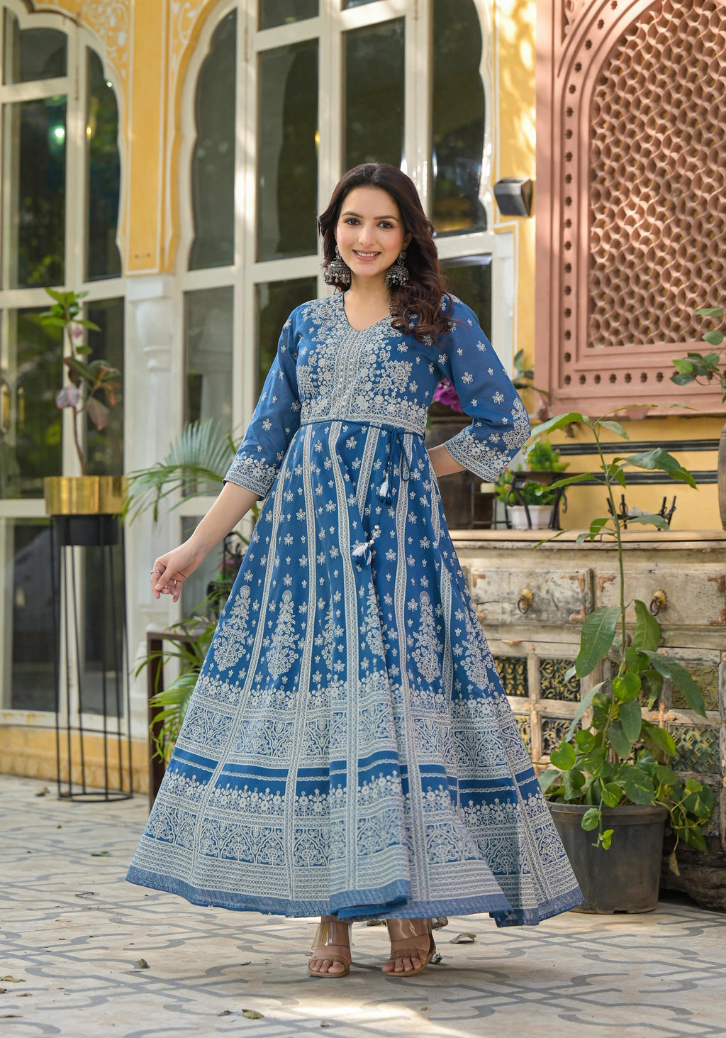 Juniper Indigo Ethnic Motif Printed Cotton Long Dress - Distacart
