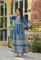 Juniper Indigo Ethnic Motif Printed Cotton Long Dress - Distacart