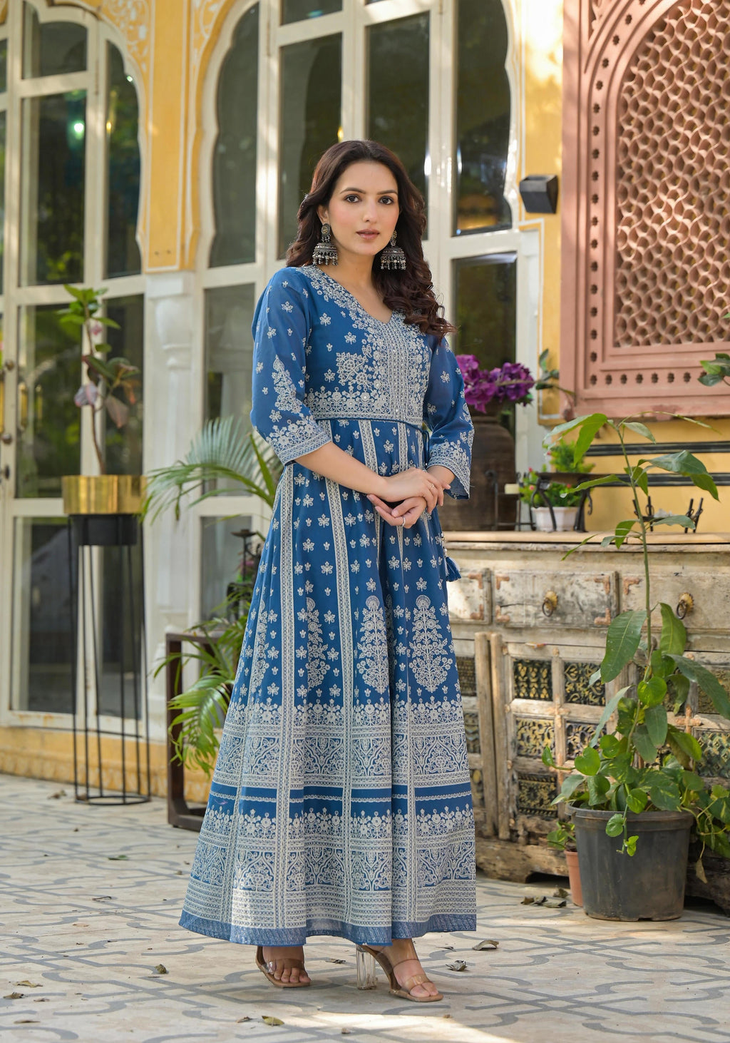 Juniper Indigo Ethnic Motif Printed Cotton Long Dress - Distacart