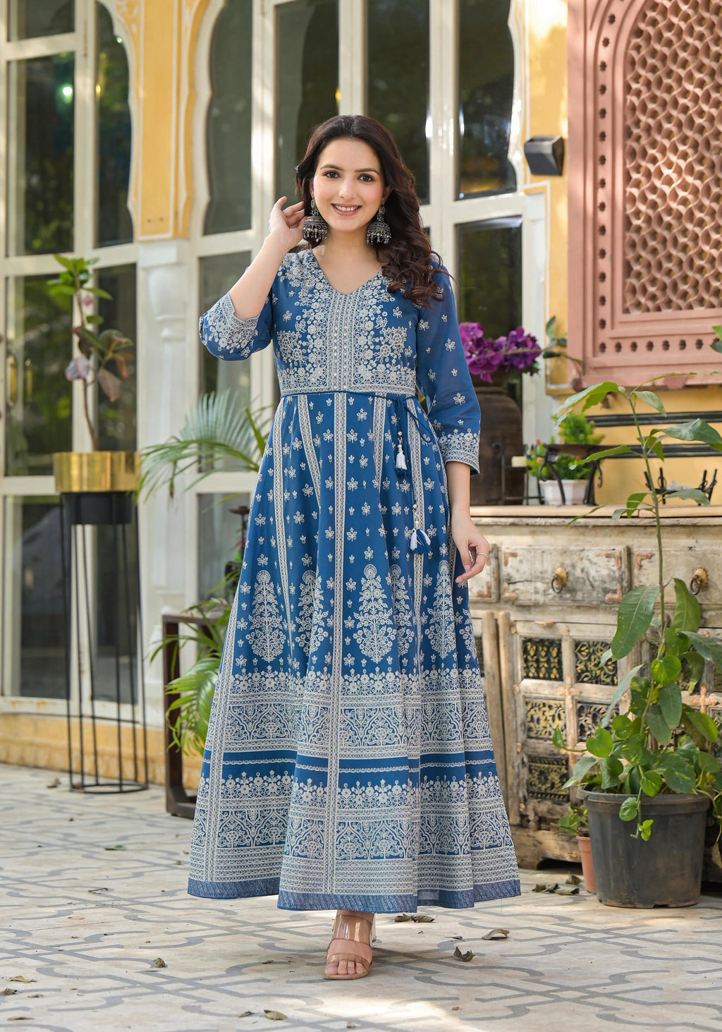 Juniper Indigo Ethnic Motif Printed Cotton Long Dress - Distacart