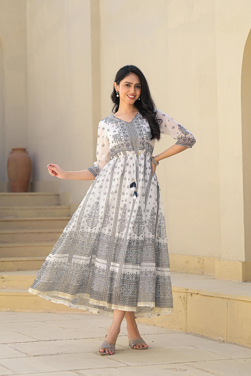 Juniper White Ethnic Motif Printed Chiffon Long Dress With Dori - Distacart
