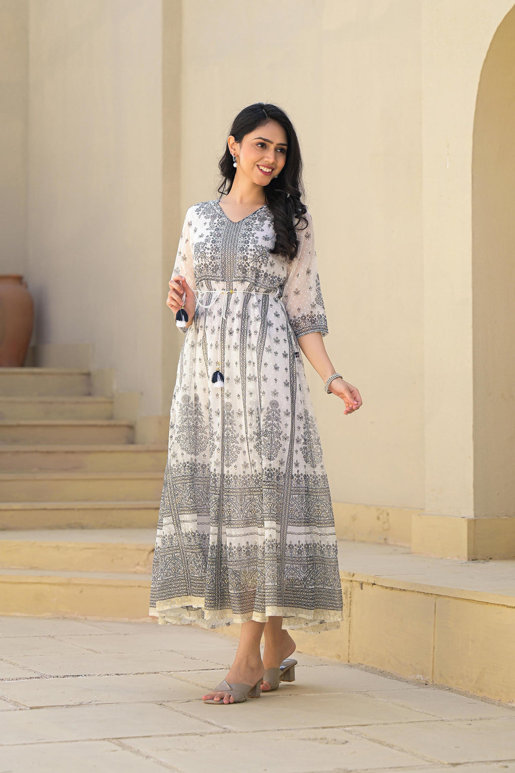 Juniper White Ethnic Motif Printed Chiffon Long Dress With Dori - Distacart