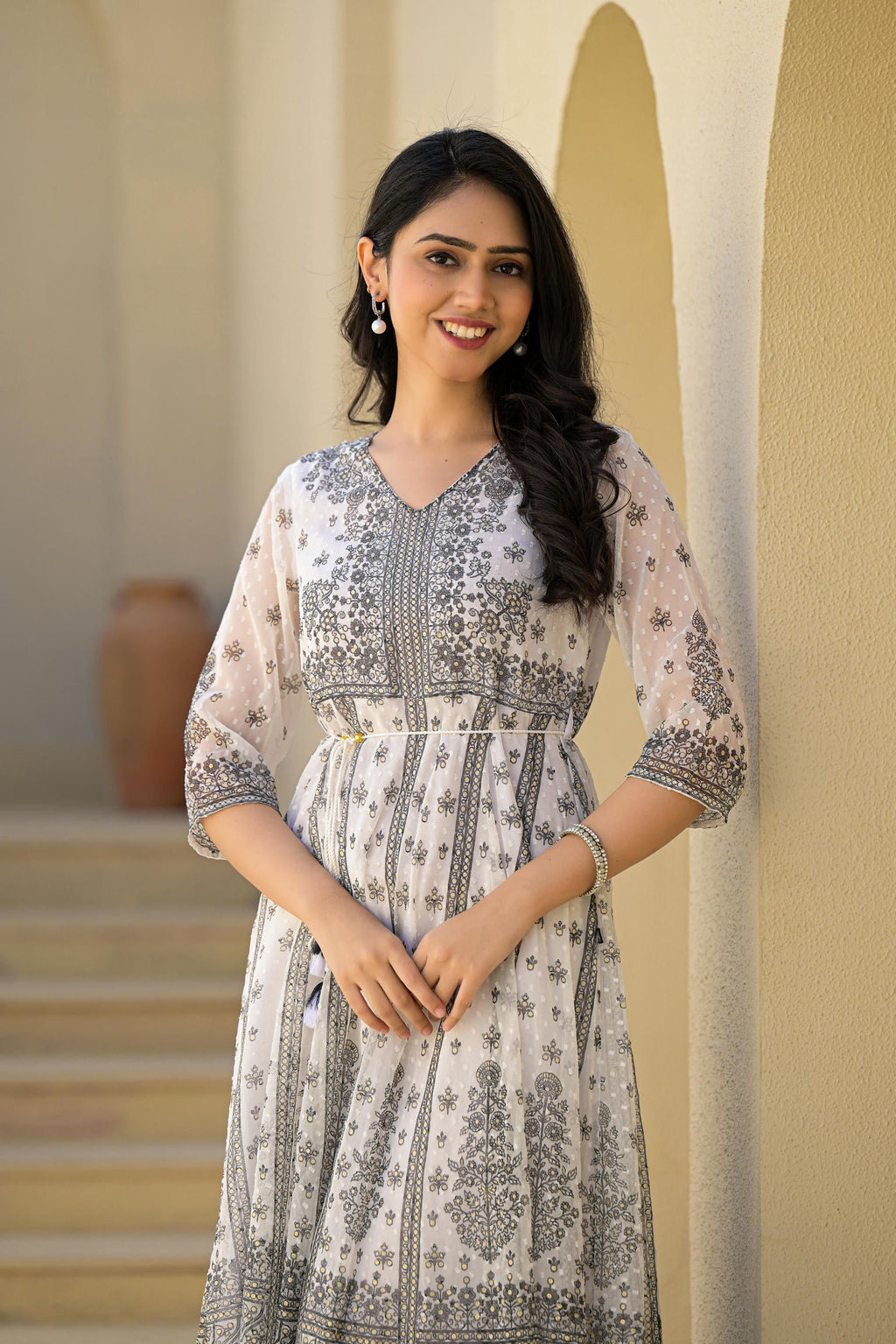 Juniper White Ethnic Motif Printed Chiffon Long Dress With Dori - Distacart