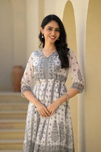 Juniper White Ethnic Motif Printed Chiffon Long Dress With Dori - Distacart