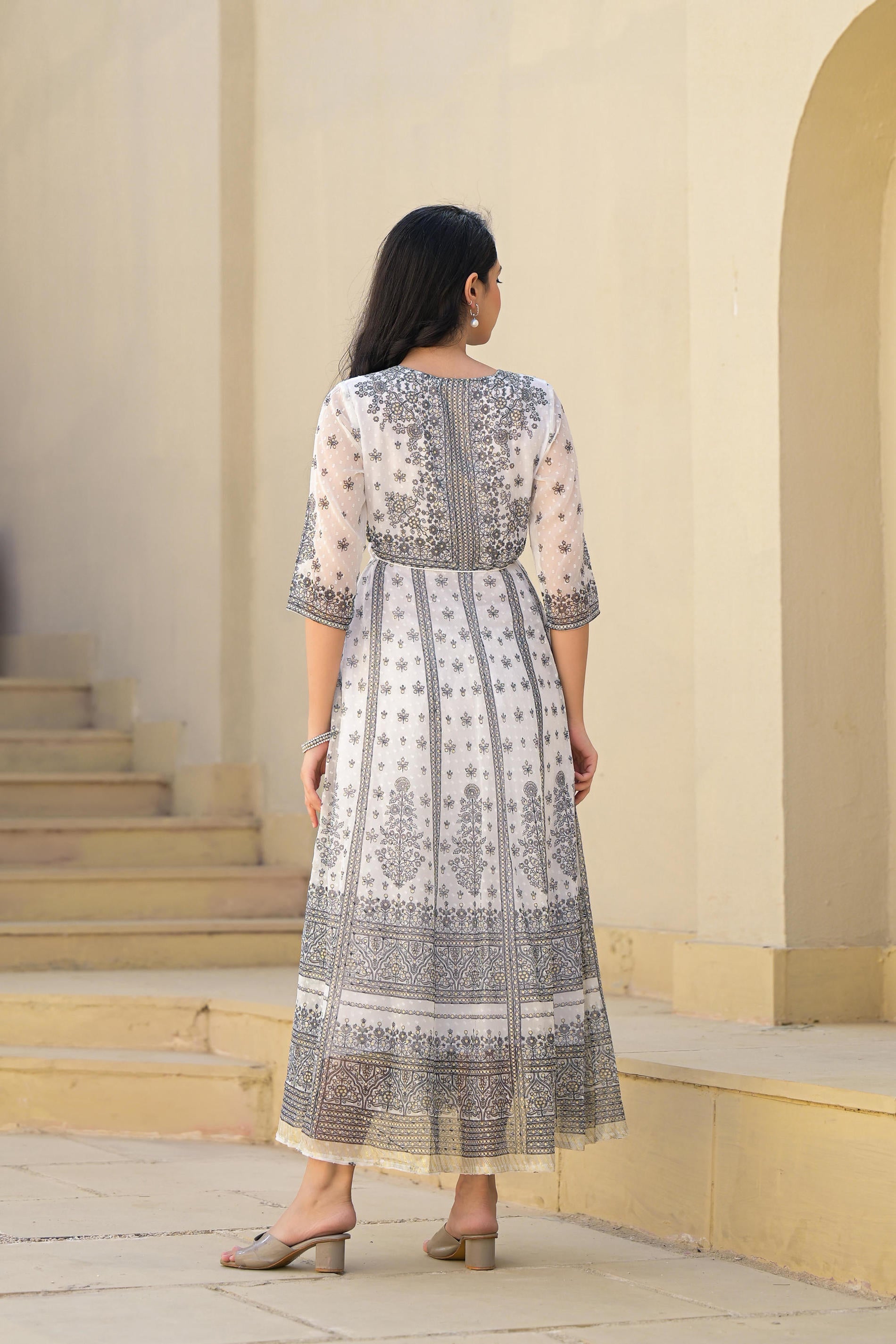 Juniper White Ethnic Motif Printed Chiffon Long Dress With Dori - Distacart