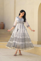 Juniper White Ethnic Motif Printed Chiffon Long Dress With Dori - Distacart
