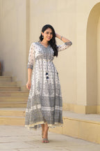Juniper White Ethnic Motif Printed Chiffon Long Dress With Dori - Distacart