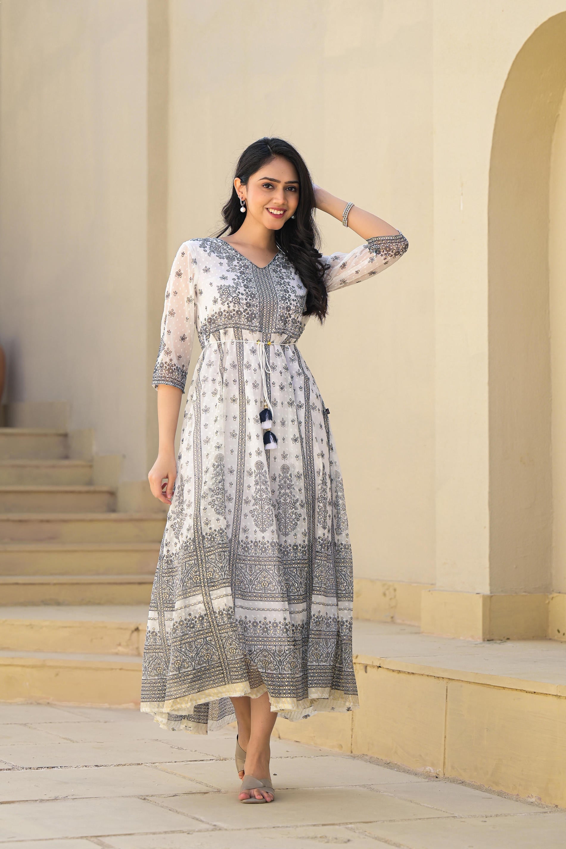 Juniper White Ethnic Motif Printed Chiffon Long Dress With Dori - Distacart