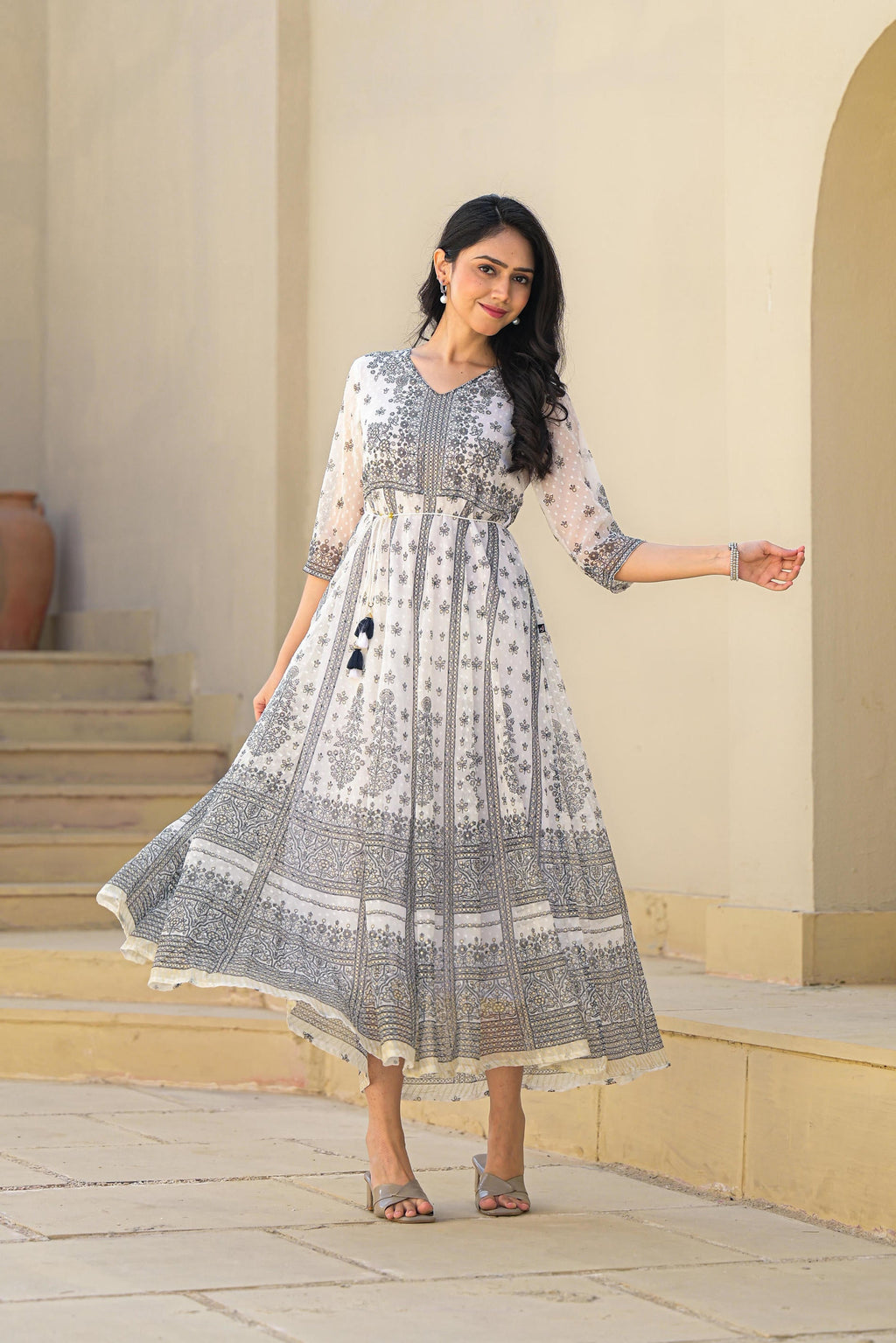 Juniper White Ethnic Motif Printed Chiffon Long Dress With Dori - Distacart