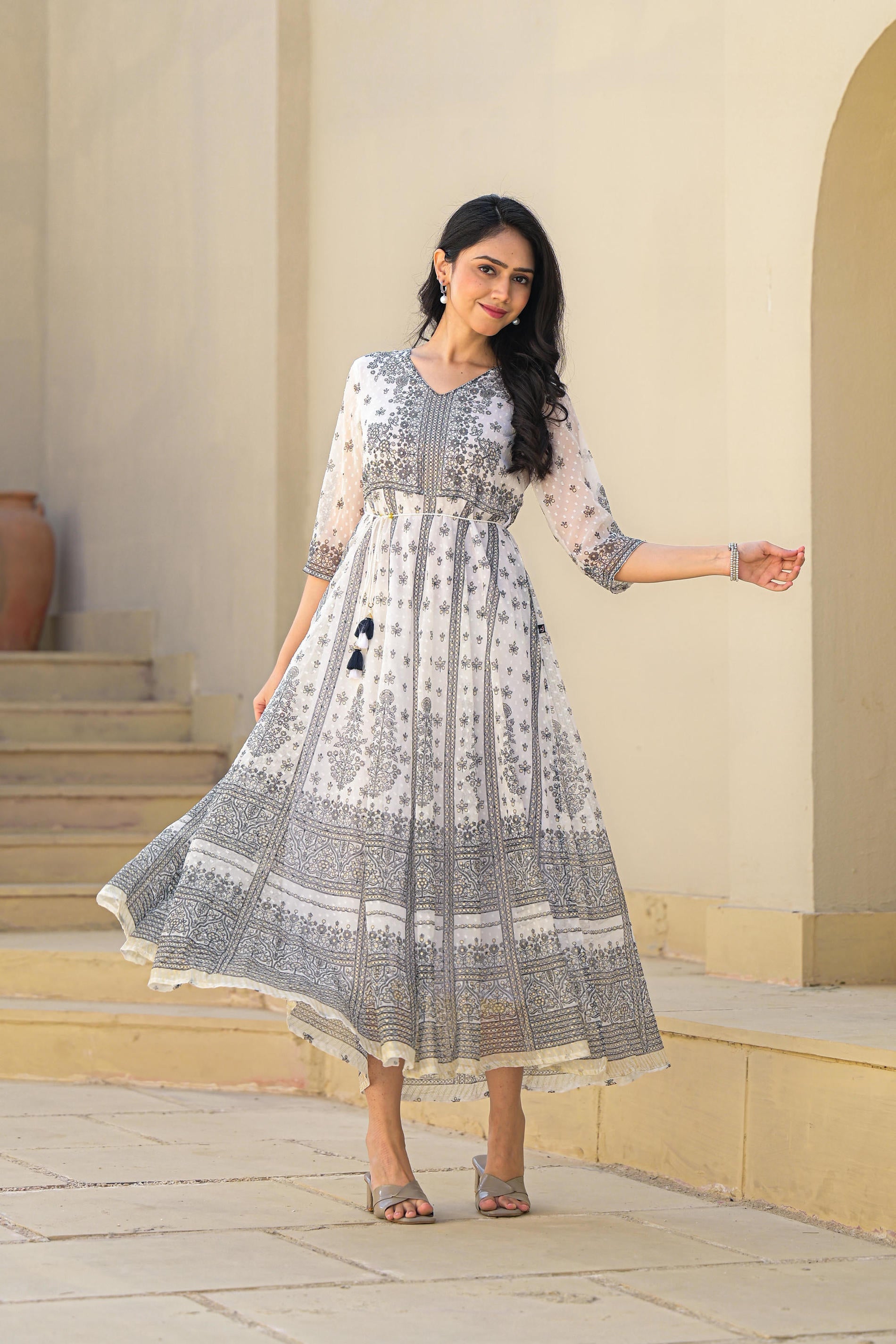 Juniper White Ethnic Motif Printed Chiffon Long Dress With Dori - Distacart
