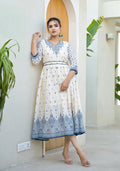 Juniper Serene Ivory Indigo Mughal Motif Cotton Midi Dress - Distacart