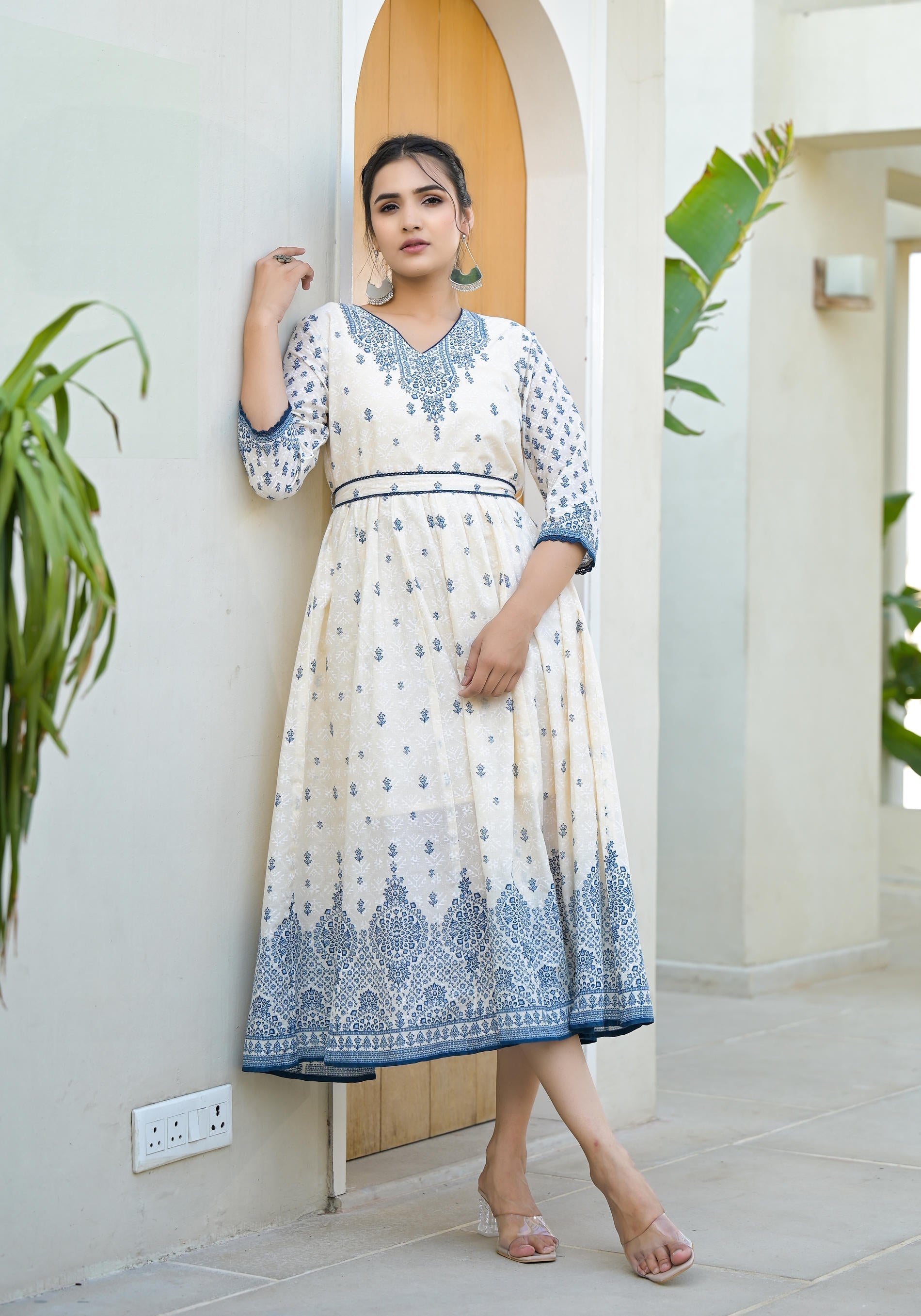 Juniper Serene Ivory Indigo Mughal Motif Cotton Midi Dress - Distacart